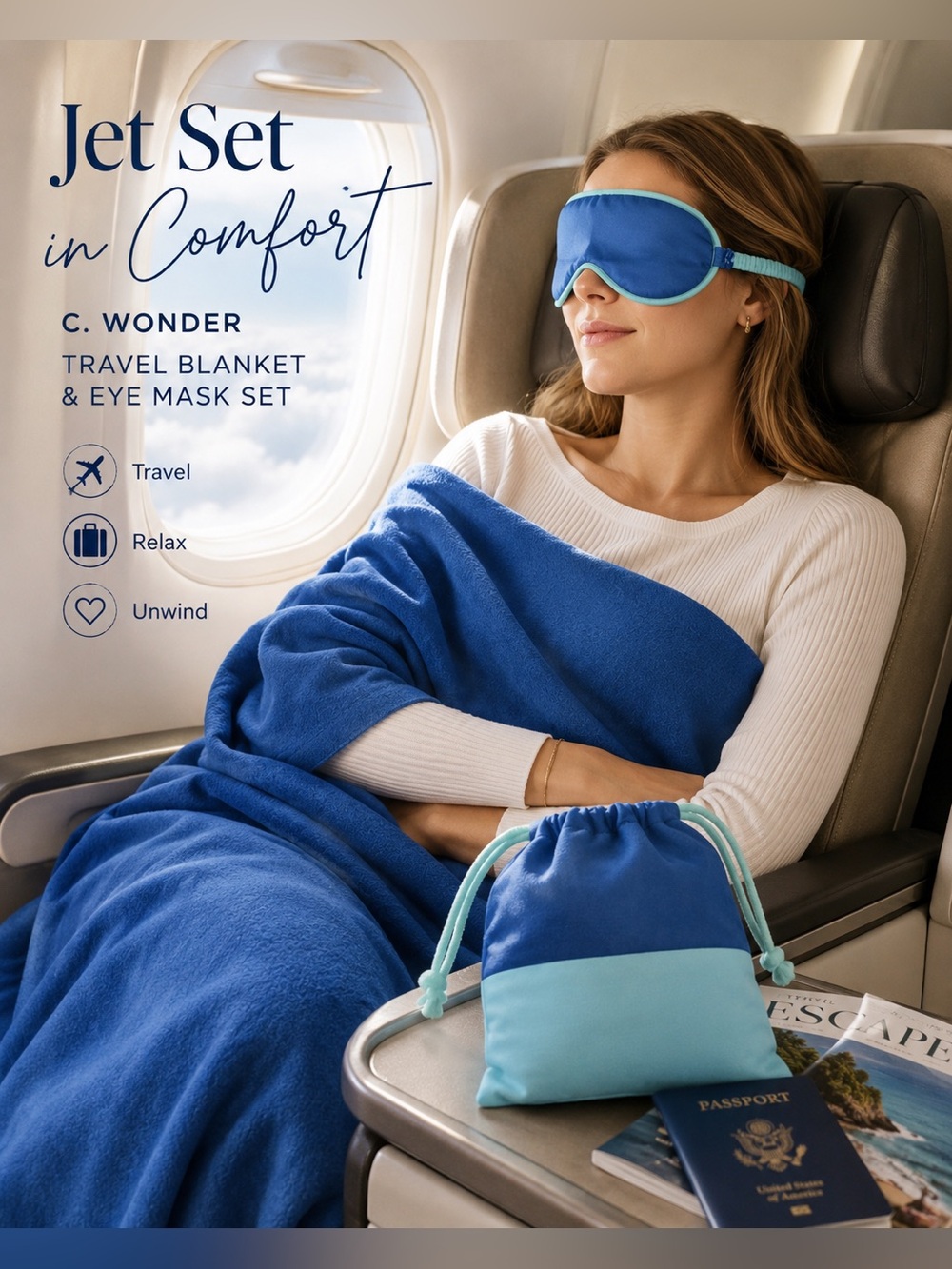 NWT C. Wonder Travel Blanket Eye Mask Carrying Pouch 3-Piece Set Blue